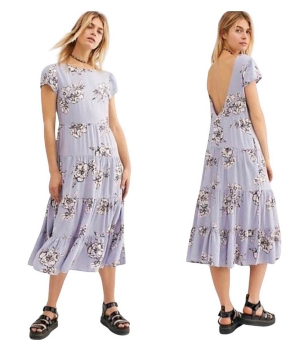 Free People Rita Tiered Midi Dress Women's Medium Light Blue Floral Cottage Boho